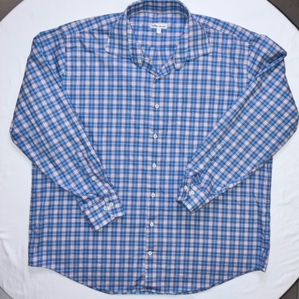 Peter Millar Mens XXL Plaid Long Sleeve Button Down Shirt Blue White Pink